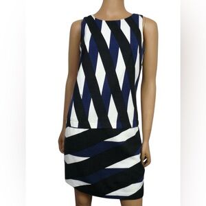 TRINA TURK sleeveless drop waist shift dress black white blue tweed size 4 EUC